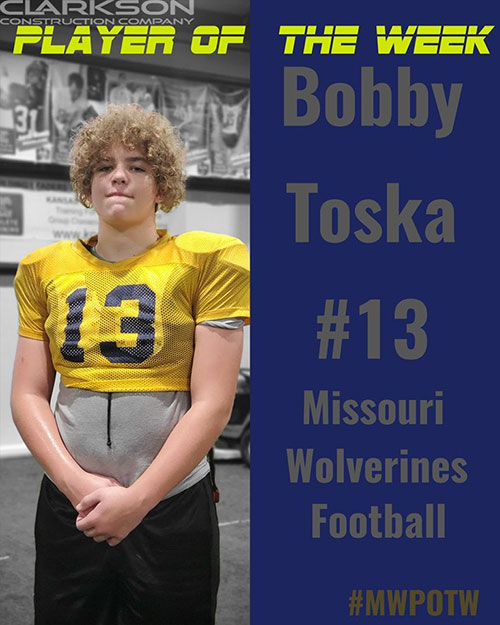 Class of 2024 of Grain Valley High School Bobby Toska former player for the Missouri Wolverines Youth Football Club in Kansas City Missouri