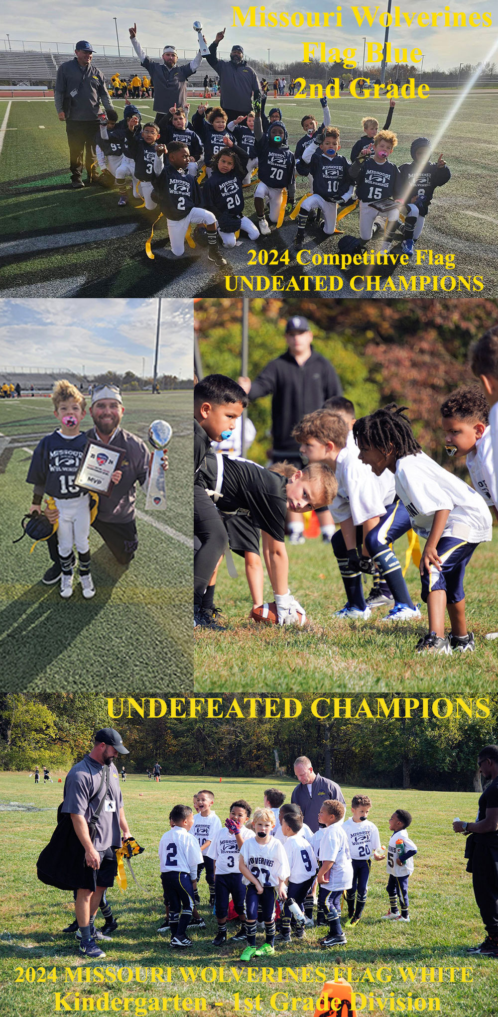 Flag Football for the Kansas City Missouri Wolverines Youth Flag Football Club for youth football players kindergarten 1st and 2nd Grades in both Kansas and Missouri