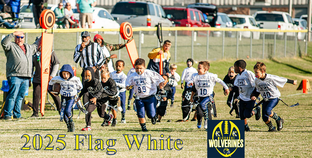 Flag White (K - 1st Grade) for the Kansas City Missouri Wolverines Youth Flag Football Club for youth football players kindergarten and 1st Grades in both Kansas and Missouri