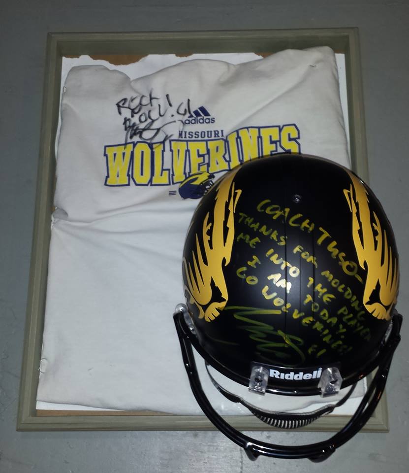 Max Copeland Helmet to Coach Jim Tuso for the Missouri Wolverines in Kansas City Missouri