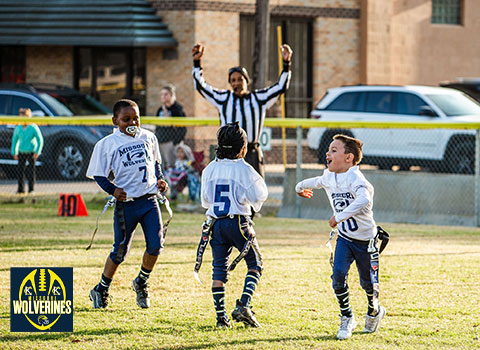 Kansas City Youth Flag Football for Kindergarten and 1st Graders ages 5 thru 7 year olds located in the heart Kansas City Missouri via the Missouri Wolverines Youth Football Club